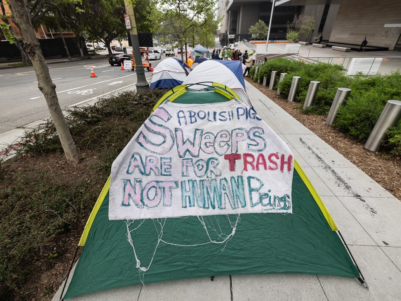Tents outside the First Street U.S. Courthouse in Los Angeles, where homeless advocates and supporters rallied as the U.S. Supreme Court in Washington D.C. heard oral arguments in the Grants Pass case, on April 22, 2024. Photo by Ted Soqui for CalMatters