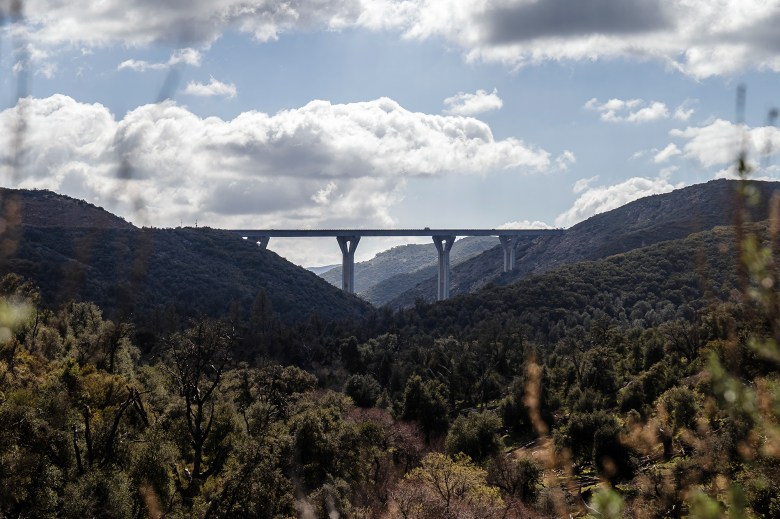 View of Pine Valley Creek Bridge formally known as the Nello Irwin Greer Memorial Bridge from Pine Creek Trailhead outside of Pine Valley, Ca on March 10, 2022. Photo by Ariana Drehsler for CalMatters