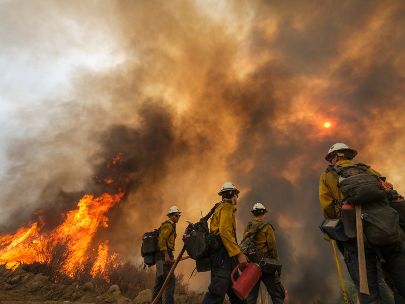 Firefighters watch as the Fairview Fire burns on a hillside near Hemet on Sept. 8, 2022. Photo by Ringo H.W. Chiu, AP