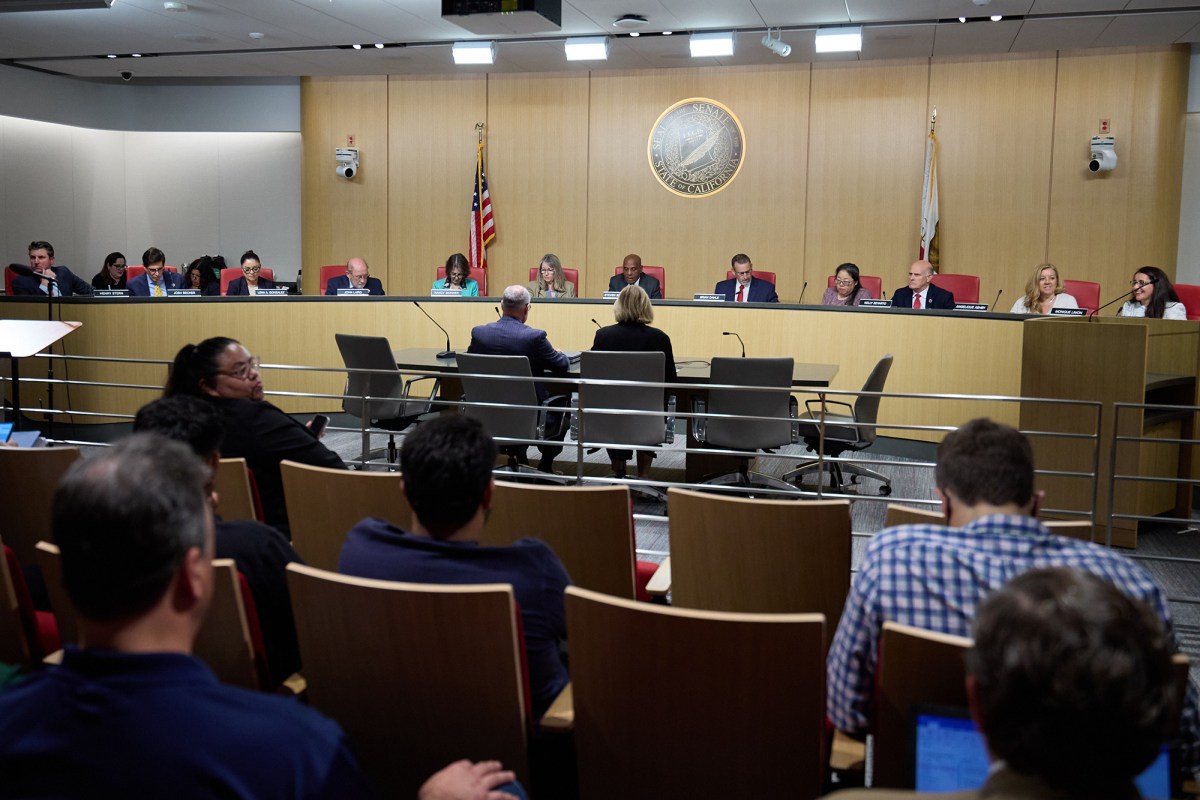 People sit at a panel table in front of microphones, speaking to an audience during a hearing.