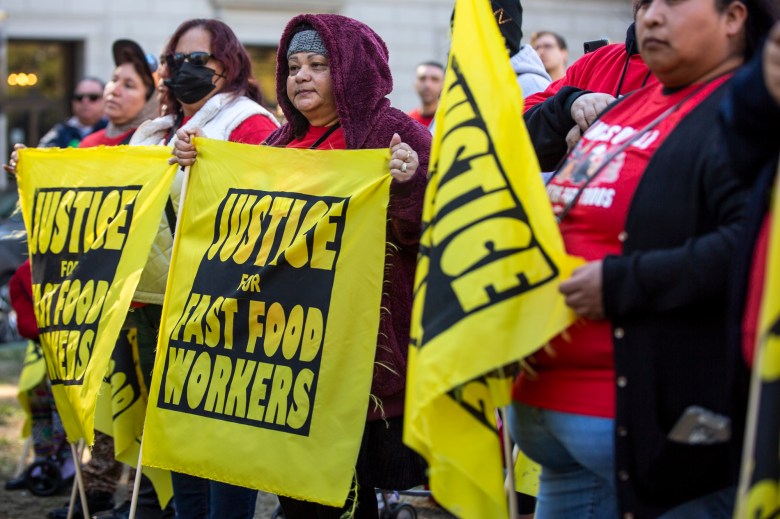 Fast-food workers strike against efforts to repeal AB 257, a law creating a council to track workplace conditions, in Sacramento on Nov. 15, 2022. Photo by Rahul Lal, CalMatters