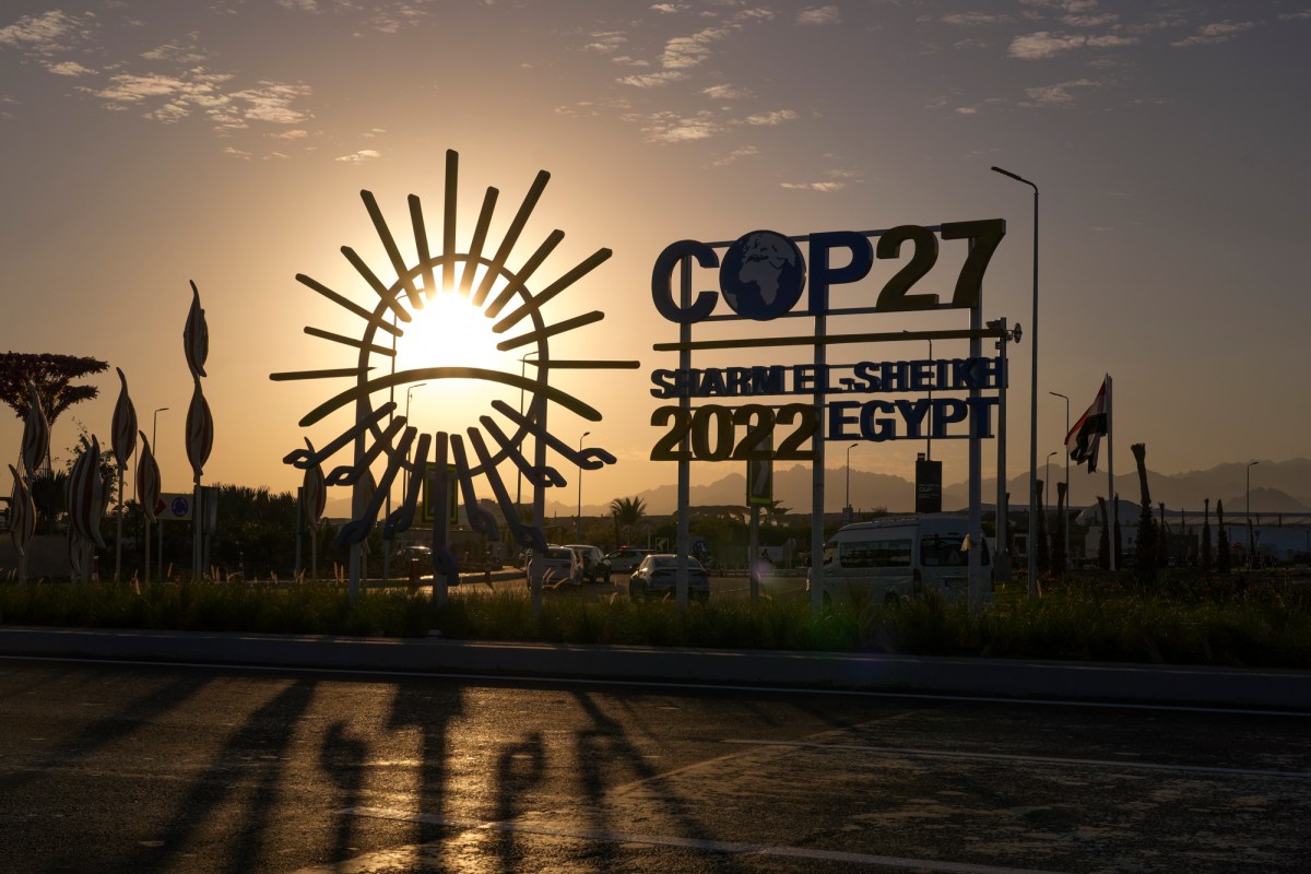 The sun sets outside the venue of the COP27 U.N. Climate Summit in Sharm el-Sheikh, Egypt, on Nov. 12, 2022. Photo by Peter Dejong, AP Photo
